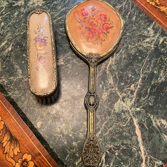 Vintage Accessories Vtg Antique Brush Hand Held Gold Mirror With